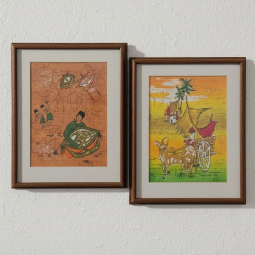 Vintage MCM Southeast Asian Batik Silk Paintings Signed Framed Pair Ox Cart Kite